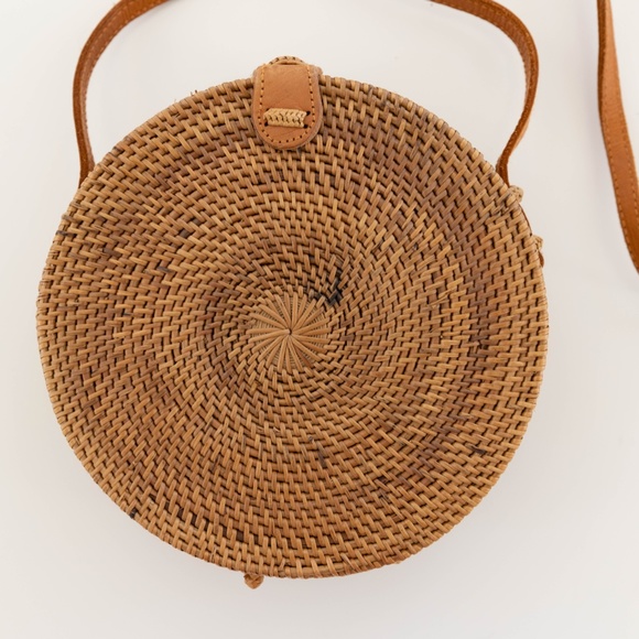 Round Rattan Woven Purse with Leather Strap - Picture 2 of 4